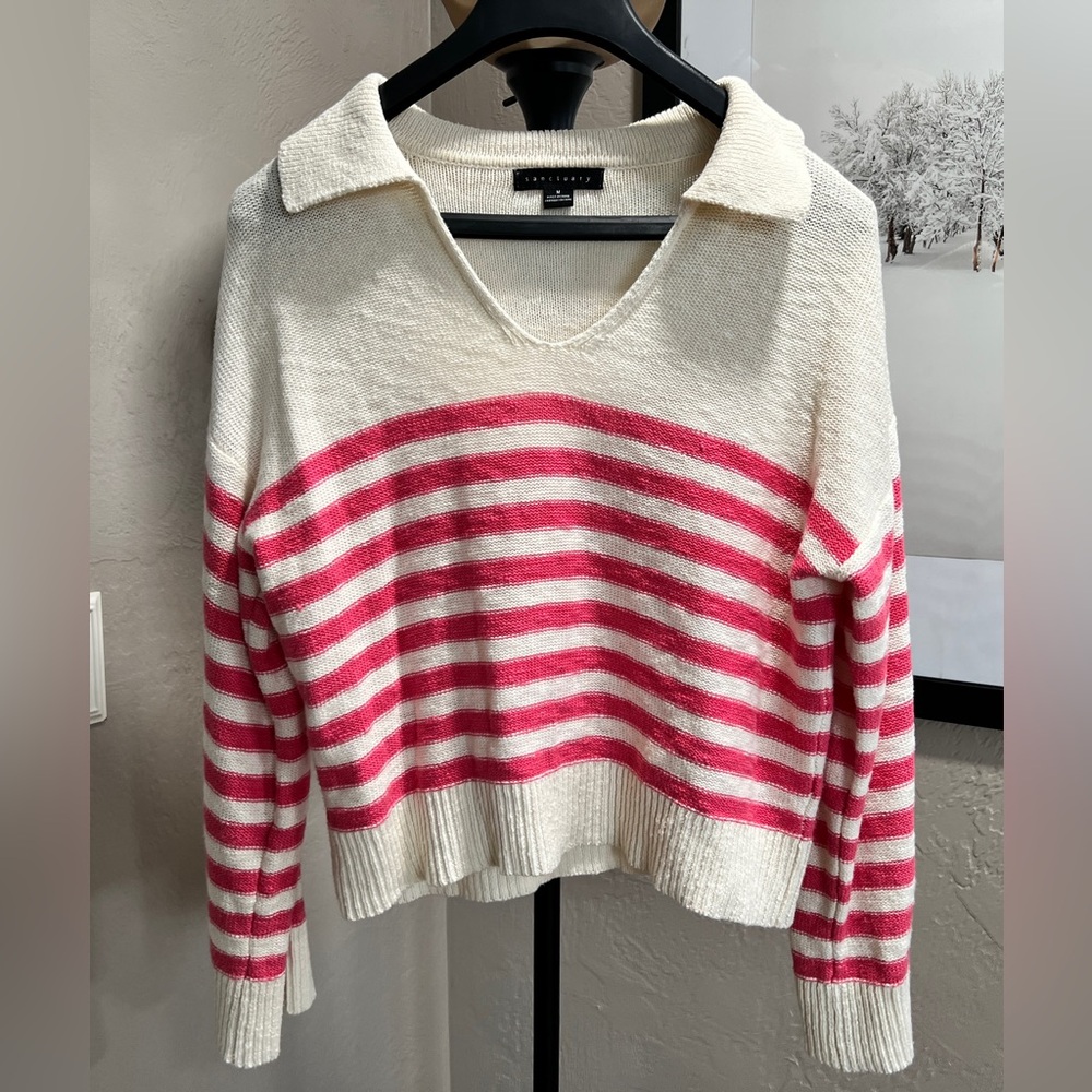 Sanctuary Anthropologie Pink Stripe Cropped Collared Sweater Size M